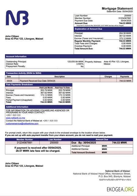 Modèle Word et PDF de relevé hypothécaire de la Banque nationale du Malawi du Malawi